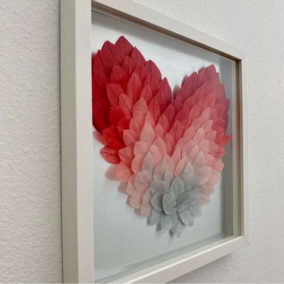 Handmade Luxury Framed Art Ombré Heart Paper Feathers Wood Shadow Box 13x13 in. - Picture 4 of 6